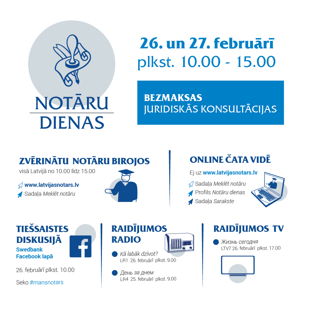 Šonedēļ notāru dienas – bezmaksas juridiskās konsultācijas visā Latvijā