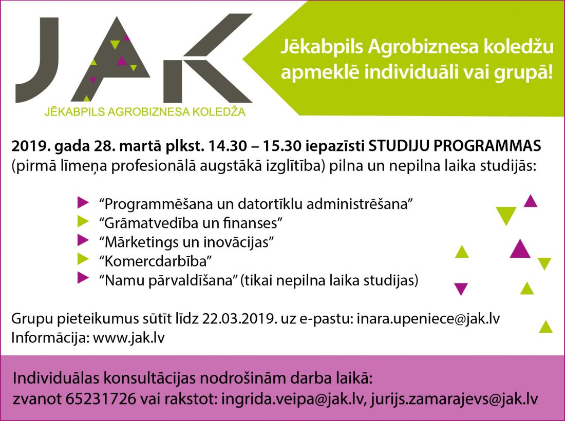 Jēkabpils Agrobiznesa koledža 28. martā aicina iepazīt studiju programmas