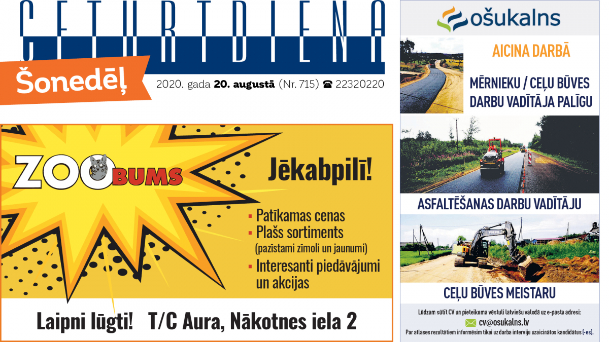 Laikraksta "Ceturtdiena" sludinājumi 20.08.2020