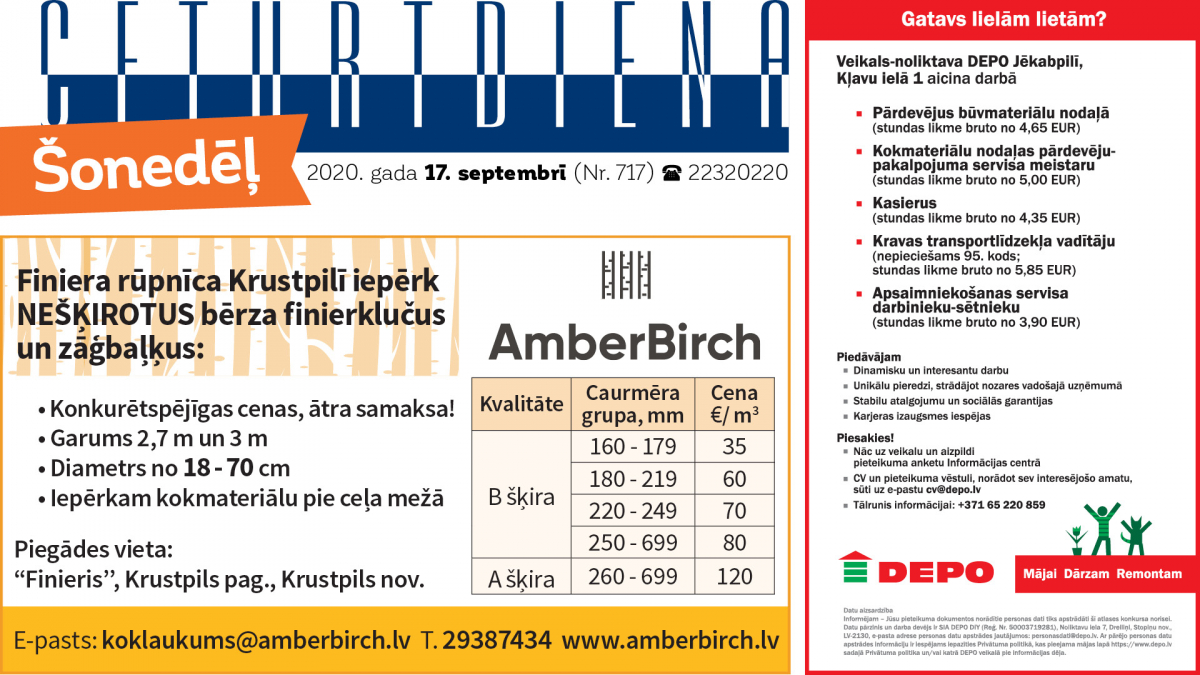 Laikraksta "Ceturtdiena" sludinājumi 17.09.2020