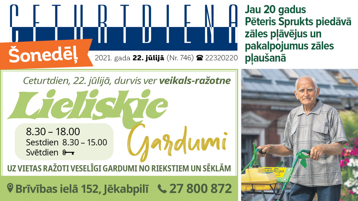 Laikraksta "Ceturtdiena" sludinājumi 22.07.2021