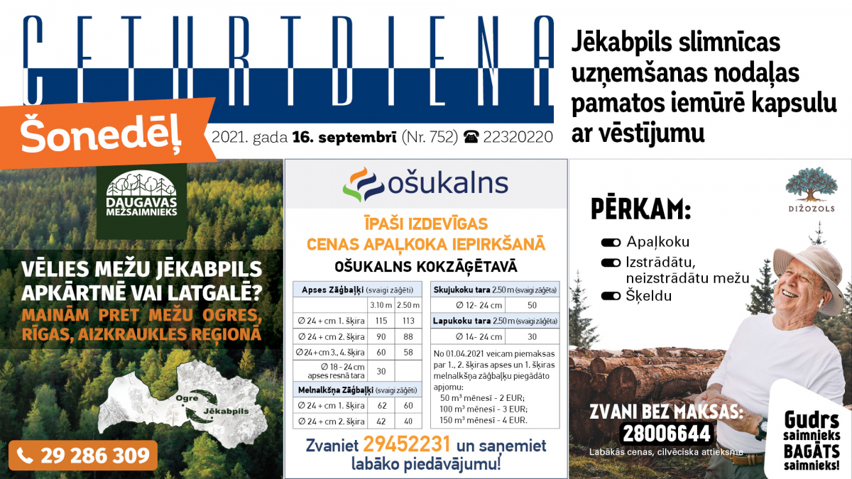 Laikraksta "Ceturtdiena" sludinājumi 16.09.2021