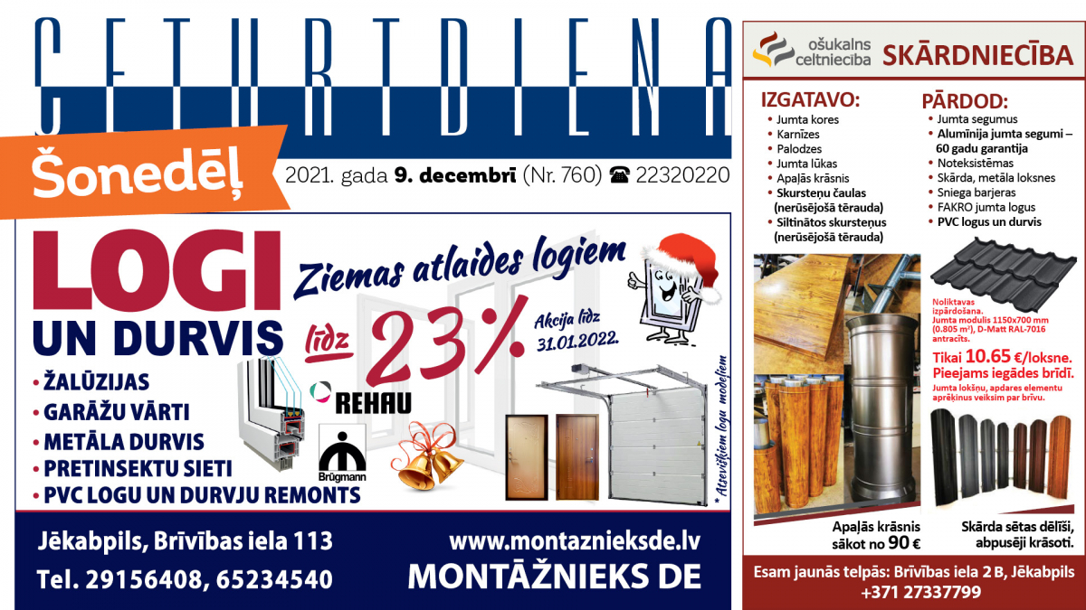 Laikraksta "Ceturtdiena" sludinājumi 9.12.2021