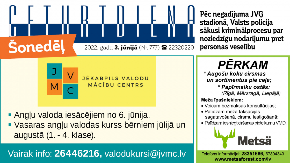 Laikraksta "Ceturtdiena" sludinājumi 3.06.2022