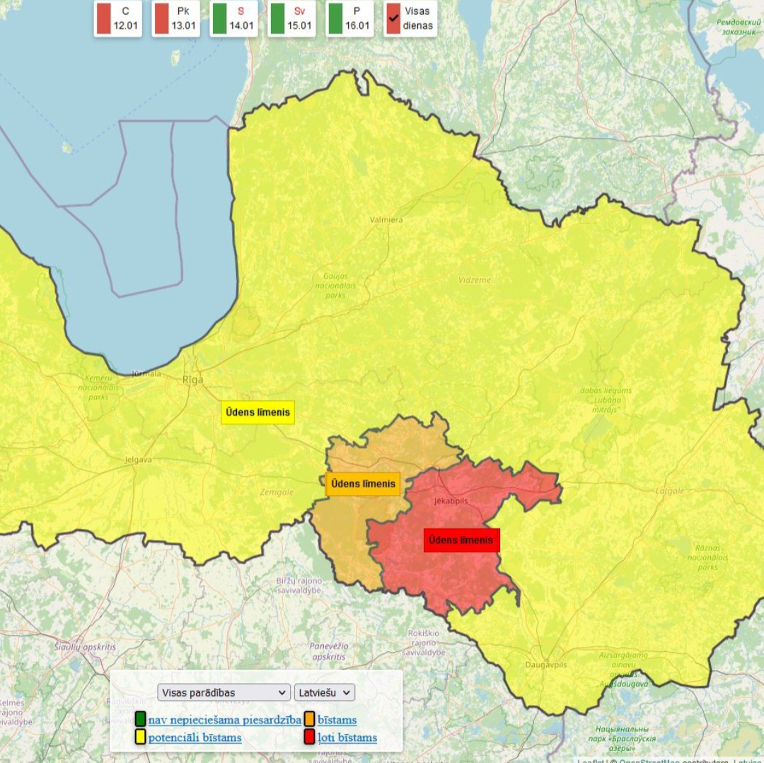 Latvijas Vides, ģeoloģijas un meteoroloģijas centrs izsludinājis sarkano brīdinājumu Jēkabpils novadā