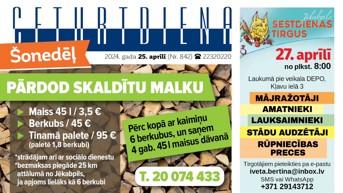 Laikraksta "Ceturtdiena" sludinājumi 25.04.2024