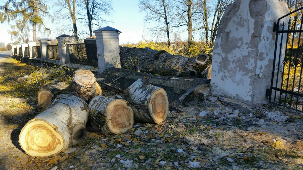 Aculiecinieka foto: Zāģējot kokus bojāts Biržu baznīcas vārtu stabs un žogs (PAPILDINĀTS)