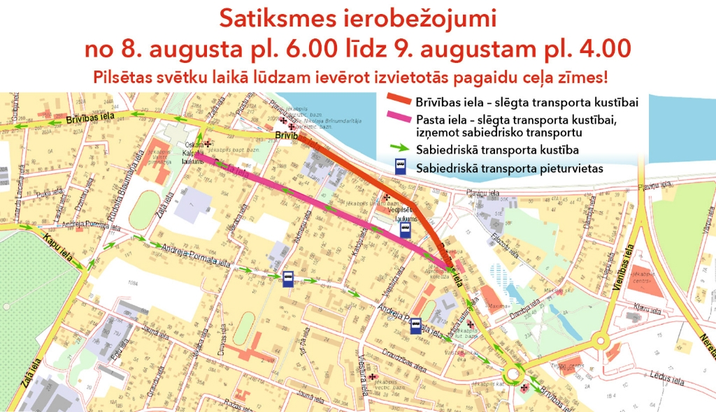 Jēkabpils pilsētas svētku laikā tiks noteikti satiksmes ierobežojumi un izmaiņas sabiedriskā transporta kustības maršrutos