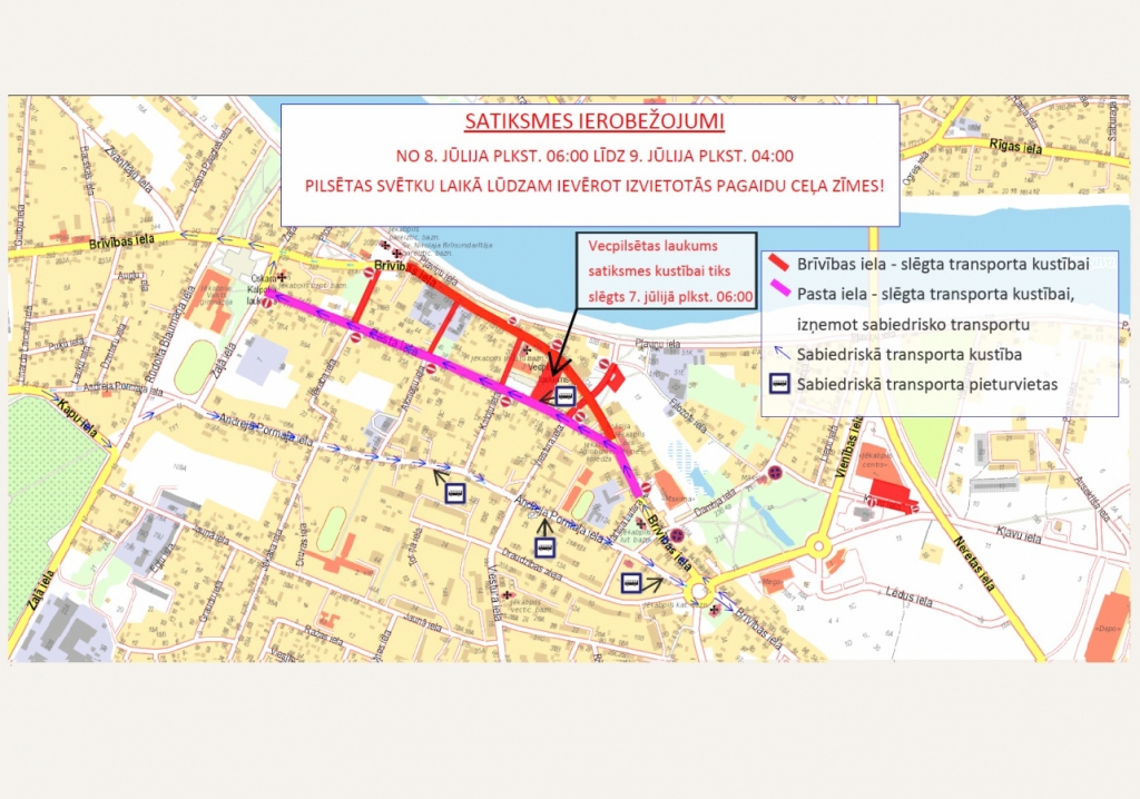 Jēkabpils pilsētas svētku laikā sakarā ar publisko pasākumu norisi, ir noteikti vairāki satiksmes ierobežojumi