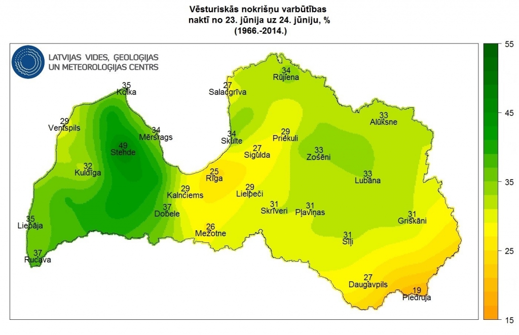 Noteiktas vietas Latvijā, kur Līgo svētkos līst visbiežāk (KARTE)