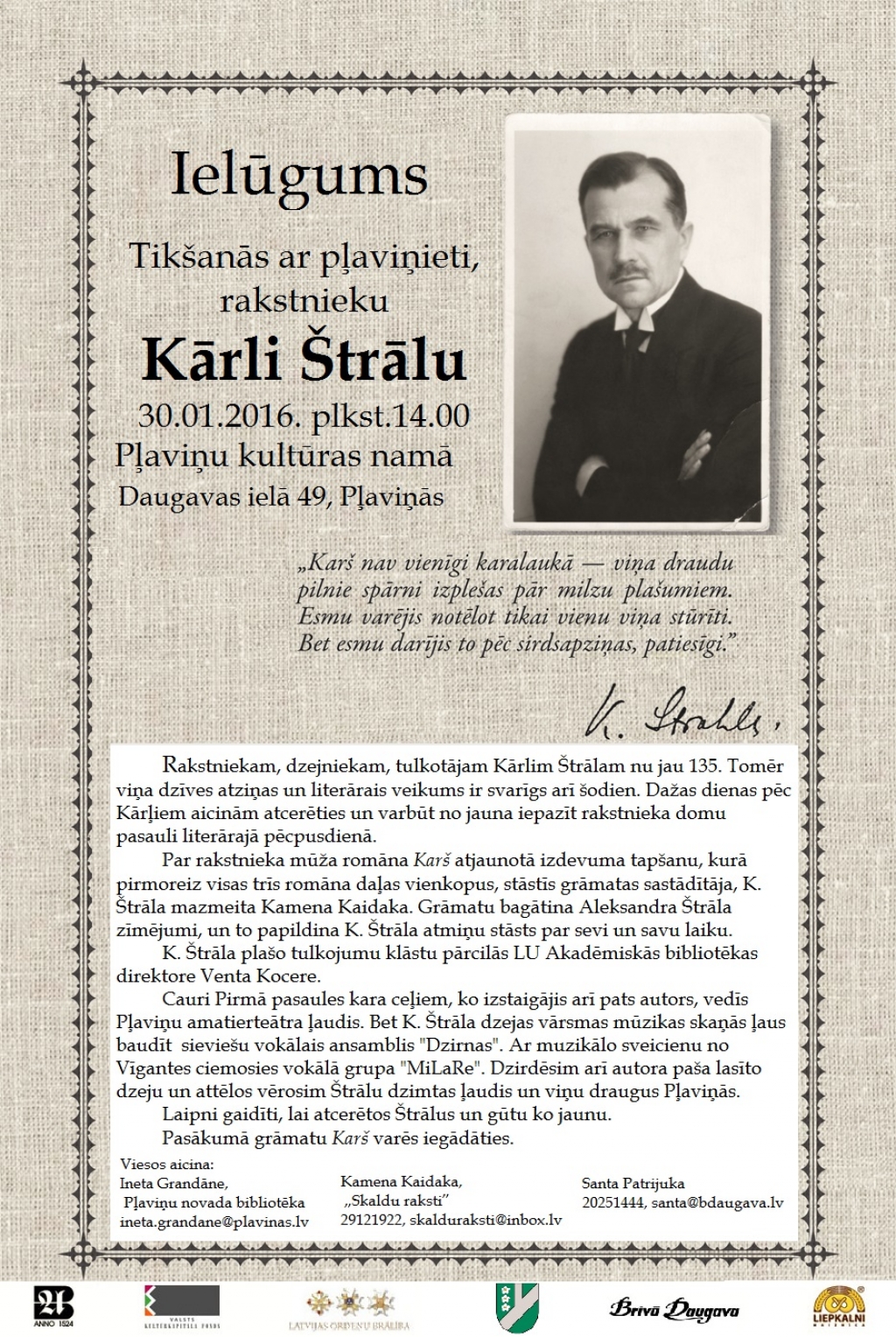 Pļaviņās notiks romāna “Karš” jaunā izdevuma atvēršana