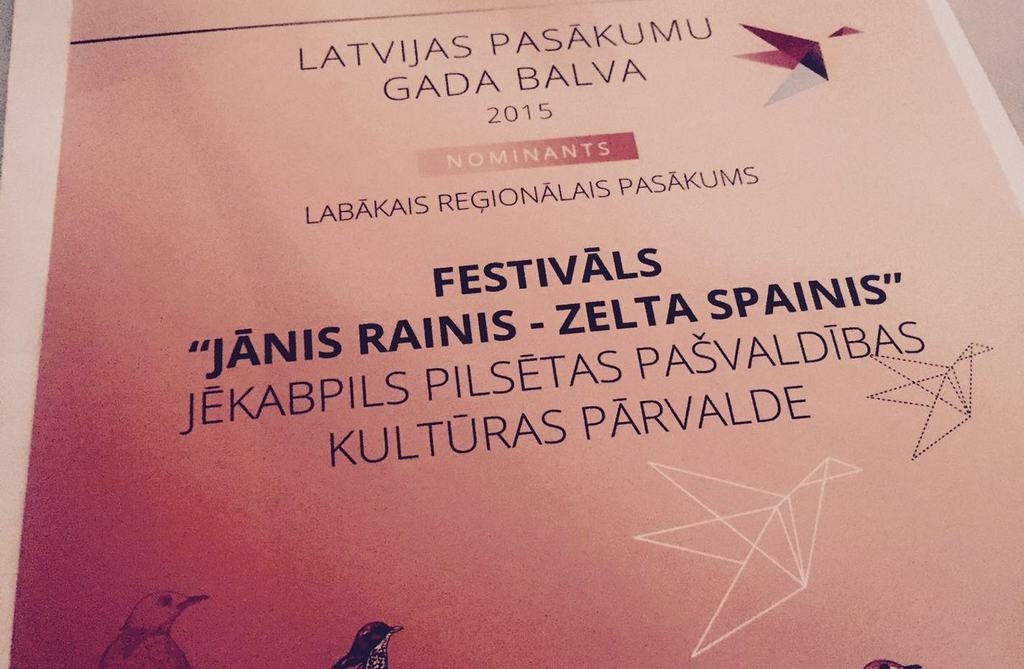 Jēkabpils Kultūras pārvaldei nominācija Pasākumu gada balvā