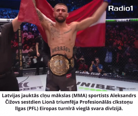 Latvijas jauktās cīņu mākslas sportists Aleksandrs Čižovs Lionā triumfē Profesionālās cīkstoņu līgā 