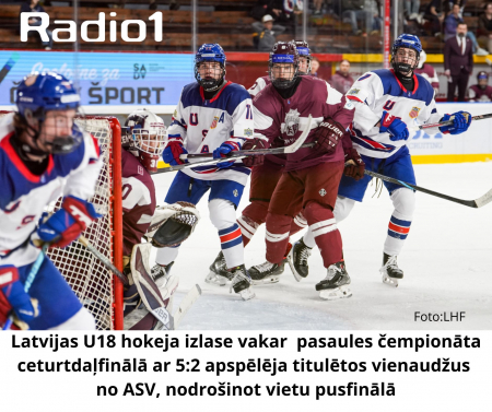 Latvijas U18 hokeja izlase pasaules čempionāta ceturtdaļfinālā ar 5:2 apspēlē vienaudžus no ASV, nodrošinot vietu pusfinālā
