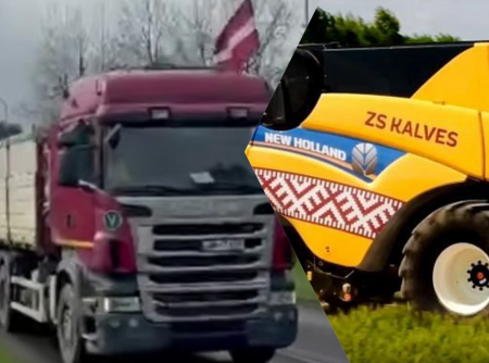 Aptuveni 50 transportlīdzekļu Jēkabpilī protestēja pret Krievijas un tās okupēto Ukrainas teritoriju izcelsmes graudu tranzītu